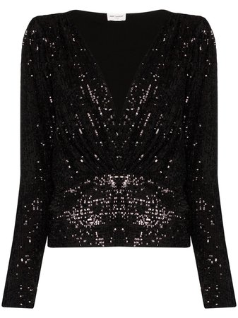 Black Saint Laurent V-Neck Sequinned Blouse For Women | Farfetch.com