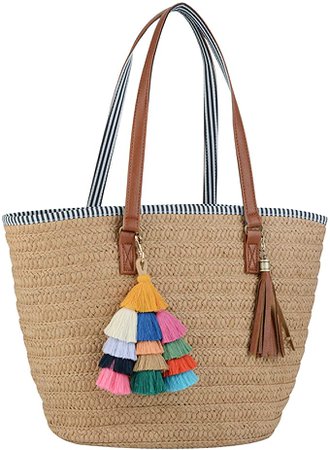 COOFIT Straw Purse, Straw Beach Bag Pompom Shoulder Bag Summer Woven Bags
