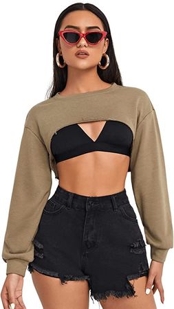 SweatyRocks Women's Casual Solid Cut Out Front Long Sleeve Pullover Crop Top Sweatshirt at Amazon Women’s Clothing store