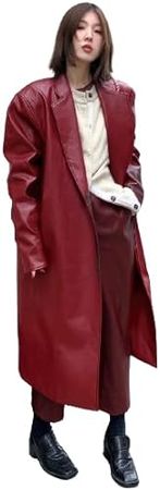 THREADYcraftsman Women's Wine Red Casual Lapel Collar Double Breasted Long Sleeve Geniune Leather Long Coat at Amazon Women's Coats Shop