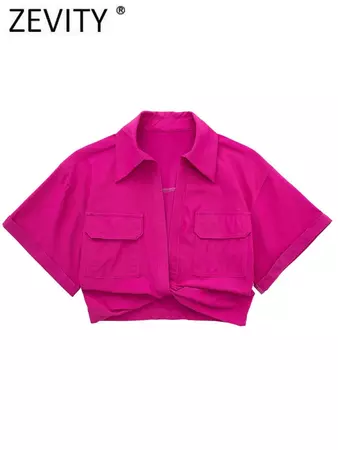 Zevity mulheres estilo safari bolsos remendo atada linho blusa curta senhora chique quimono recortado camisa blusas tops ls1376| | - AliExpress
