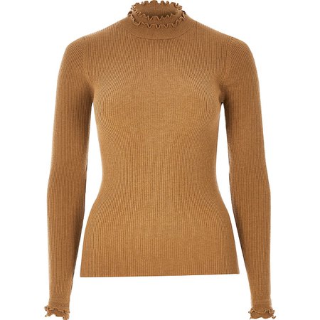 Brown high frill neck fitted rib knit top | River Island