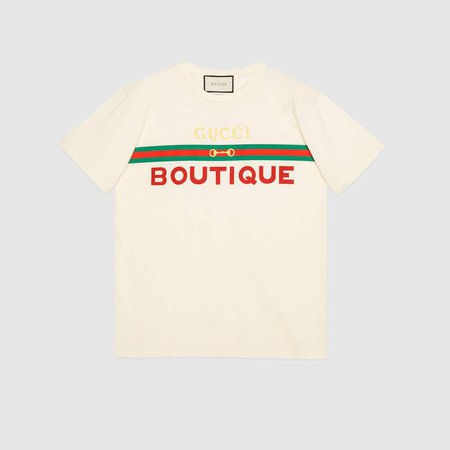 T-shirt donna con stampa Gucci Boutique in cotone color gesso | GUCCI® Italia