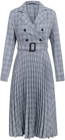 Amazon.com: KAKAYO Vintage Pleated Belt Plaid Dress Women Elegant Office Ladies Blazer Dresses Long Sleeve Female Autumn Midi Party Dress (Color : Gray, Size : S.) : Clothing, Shoes & Jewelry
