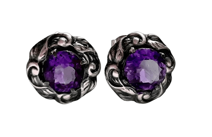 1930s Arts and Crafts Silver Natural Siberian Amethyst Gemstones Earrings, Collectable Fine Jewelry