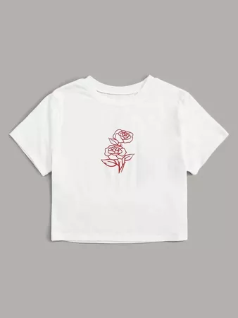 Rose Print Short Sleeve Crop Tee | SHEIN USA white