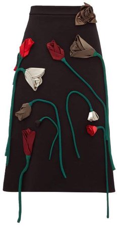 Silk Flower Applique A Line Wool Skirt - Womens - Black Multi