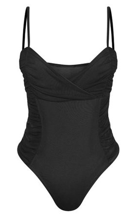 Black Mesh Ruched Panel Bodysuit | Tops | PrettyLittleThing
