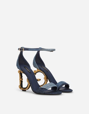 Women's Sandals and Wedges in Denim | Patchwork denim sandals with baroque DG heel | Dolce&Gabbana