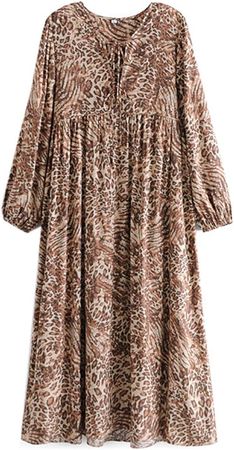 Vintage Chic Women Tassel Leopard Print Beach Bohemian Maxi Dress Ladies Long Sleeve Rayon Boho Dress at Amazon Women’s Clothing store