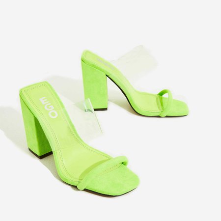 Elle Block Heel Perspex Heel Mule In Lime Green Faux Suede | EGO