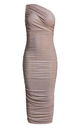 Nude Textured Glitter One Shoulder Midi Dress | PrettyLittleThing USA