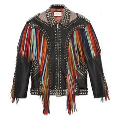 Gucci Embroidered Leather Jacket With Fringe (488.320 RUB) ❤ liked on Polyvore featuring outerwear, jackets, leather & casual jackets, ready-to-wear, women, suede fringe jackets, real leather jackets, quilted jackets, cowboys jacket and western jackets