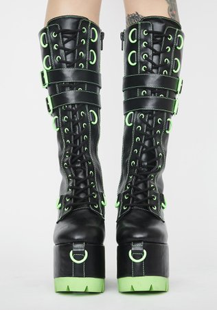 Club Exx Neon Green Detail Knee High Boots - Black | Dolls Kill
