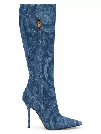 Shop Versace T.110 110MM Floral Denim Pointed Boots | Saks Fifth Avenue