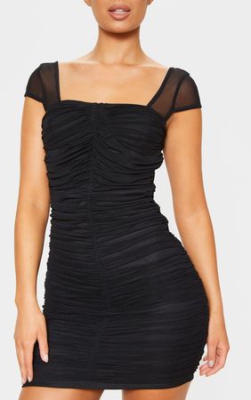 Black Ruched Mesh Dress | Dresses | PrettyLittleThing