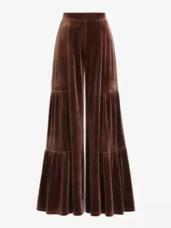 ZAFUL Women's Ruched Tiered Solid Color Velvet Wide Leg Bell Bottom Pants In DEEP COFFEE | ZAFUL 2024