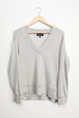 Comfy Heather Grey Top - V-Neck Tunic Top - Long Sleeve Top