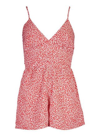 Petite Floral Strappy Frill Hem Playsuit | boohoo red