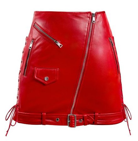 Red Leather Mini Skirt With Zippers and Pockets