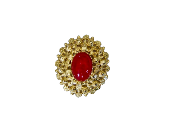 Victorian Style Filigree Gold Plated Brooch with Oval Red Lucite in Centre.