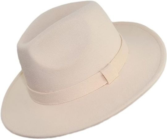 Large Felt Flat Brim Rancher Panama Hat, Wide Brimmed Fedora with Matching Hat Band (Ivory, Medium) at Amazon Women’s Clothing store