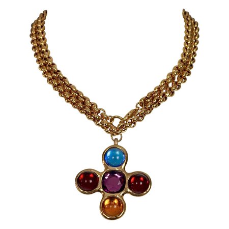 Vintage YVES SAINT LAURENT Ysl Robert Goossens Jewelled Cross Pendant Necklace