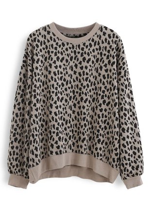 Leopard Print Round Neck Sweatshirt in Tan - Retro, Indie and Unique Fashion