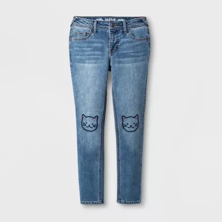 Girls' Skinny Embroidered Cat Jeans - Cat & Jack™ Medium Wash 14 Slim : Target