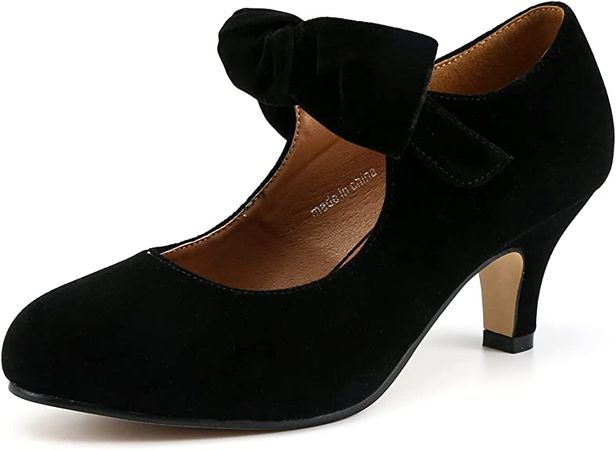 Amazon.com | LIURUIJIA Women's Bow Mary Jane Kitten Heel Pumps Round Toe Low Heels Ankle Strap Wedding Dress Evening Party Shoes | Pumps