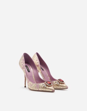 Women's Pumps in Pink | Floral brocade pumps with bejeweled embellishment | Dolce&Gabbana