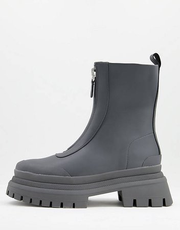 ASOS DESIGN zip front boots on triple stacked chunky sole in gray faux leather | ASOS
