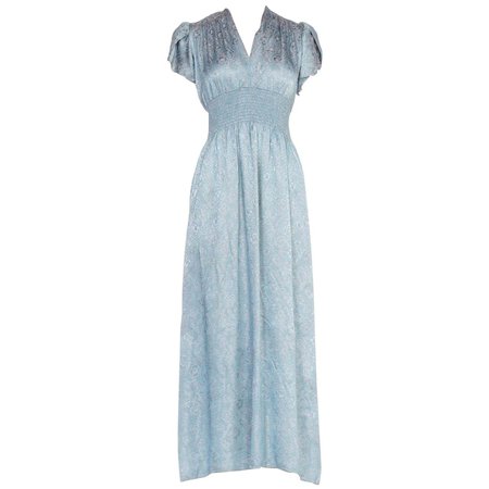 1940'S Baby Blue and Pink Rayon Jacquard Floral Negligee Slip Dress For Sale at 1stDibs