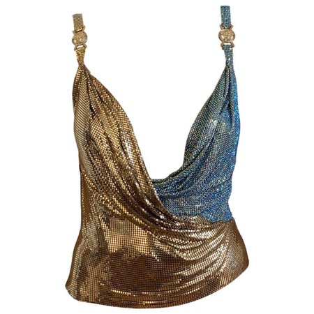 1 of 1 Atelier Versace S/S 2005 Gold Oroton and Blue Swarovski Chainmail Top For Sale at 1stDibs