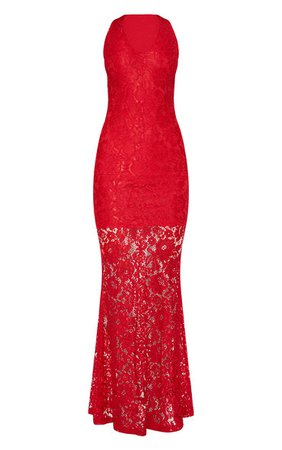 Tarra Red Lace Fishtail Maxi Dress | Dresses | PrettyLittleThing