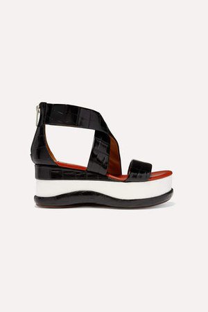 Wave Croc-effect Leather Platform Sandals - Black