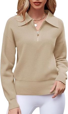 Micoson Women's Long Sleeve Half Zip Pullover Sweaters Casual V Neck Collared Waffle Knit Loose Jumper Tops at Amazon Women’s Clothing store
