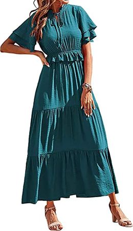 PRETTYGARDEN Womens Summer Boho Maxi Dress Short Sleeve V Neck Ruffle Trim High Waisted Tiered Party Flowy Long Dresses 2023 at Amazon Women’s Clothing store