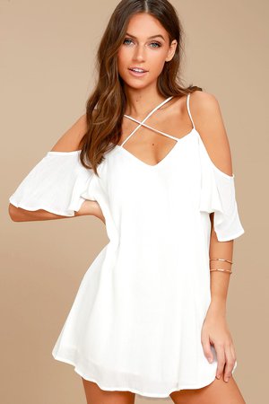 Cute White Dress - Shift Dress - Cold Shoulder Dress
