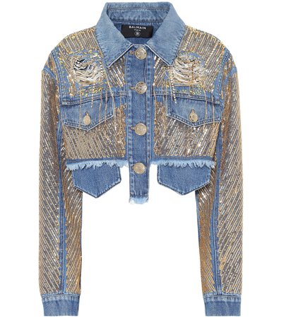 Balmain - Embroidered cropped denim jacket | Mytheresa