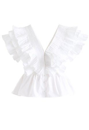 Chic Wish Pleated Ruffle Buttoned Deep V-Neck Crop Top - Retro, Indie and Unique Fashion