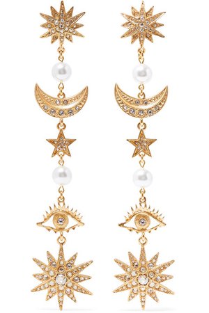 OSCAR DE LA RENTA Gold-tone, crystal and faux pearl clip earrings