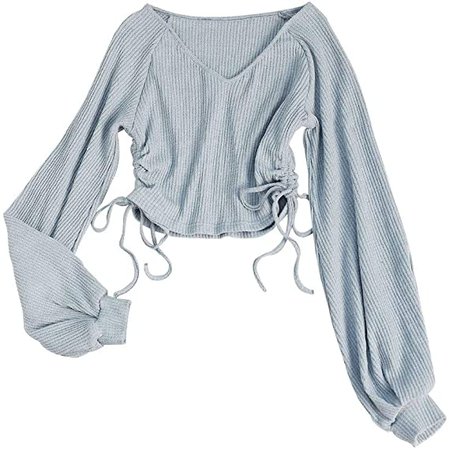 ZAFUL Women's Casual Long Sleeve V-Neck Ribbed Knitted Knot Front Crop Top (Grey Blue, M) at Amazon Women’s Clothing store
