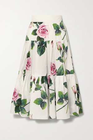 Tiered Floral-print Cotton-poplin Midi Skirt - White