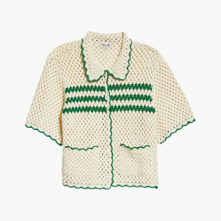 cream crochet short shirt with green trim