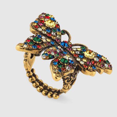 Crystal studded butterfly ring with aged gold finish