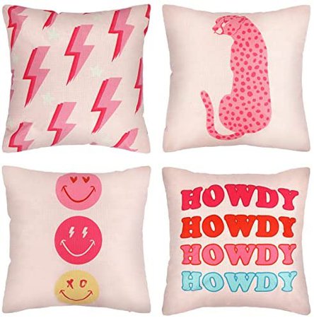 Amazon.com: Decorative Preppy Throw Pillows Cushion Covers 4 Pcs Leopard Hot Pillowcover Smile Face Room Decor Thunder Preppy Stuff Room Decor Howdy Pillows Case for Home Decor, 18 x 18 Inch (Pink,Linen) : Home & Kitchen