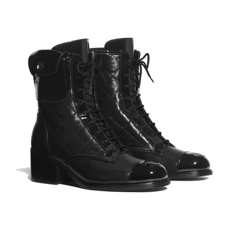 Patent Calfskin & Crumpled Calfskin Black Ankle Boots | CHANEL