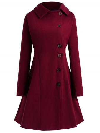 [51% OFF] 2019 Plus Size Button Up Flare Coat In RED WINE | DressLily