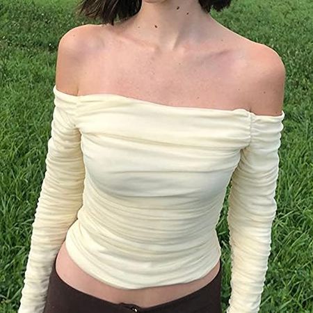 Women Off Shoulder Mesh Crop Tops Y2k Slim Fit Long Sleeve Top Solid Backless Crop Tee Tshirt Blouse Going Out Tops at Amazon Women’s Clothing store
